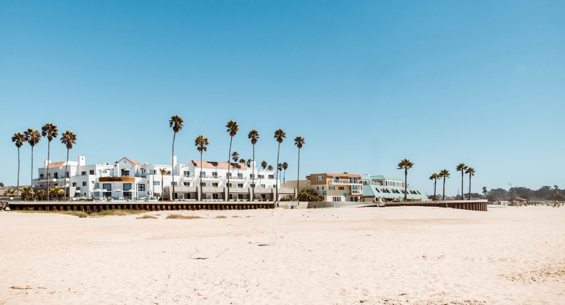 A sunny beach scene with white multi-story buildings, palm trees lining the shore, and a clear blue sky over calm sands aligned along the water.