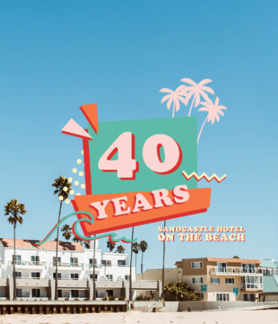 A bright, retro-style sign reads &ldquo;40 Years&rdquo; in front of a coastal hotel row with palm trees and clear blue sky. Ending with a period.